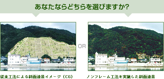 従来工法による斜面遠景イメージ（CG）とノンフレーム工法を実施した斜面遠景の写真